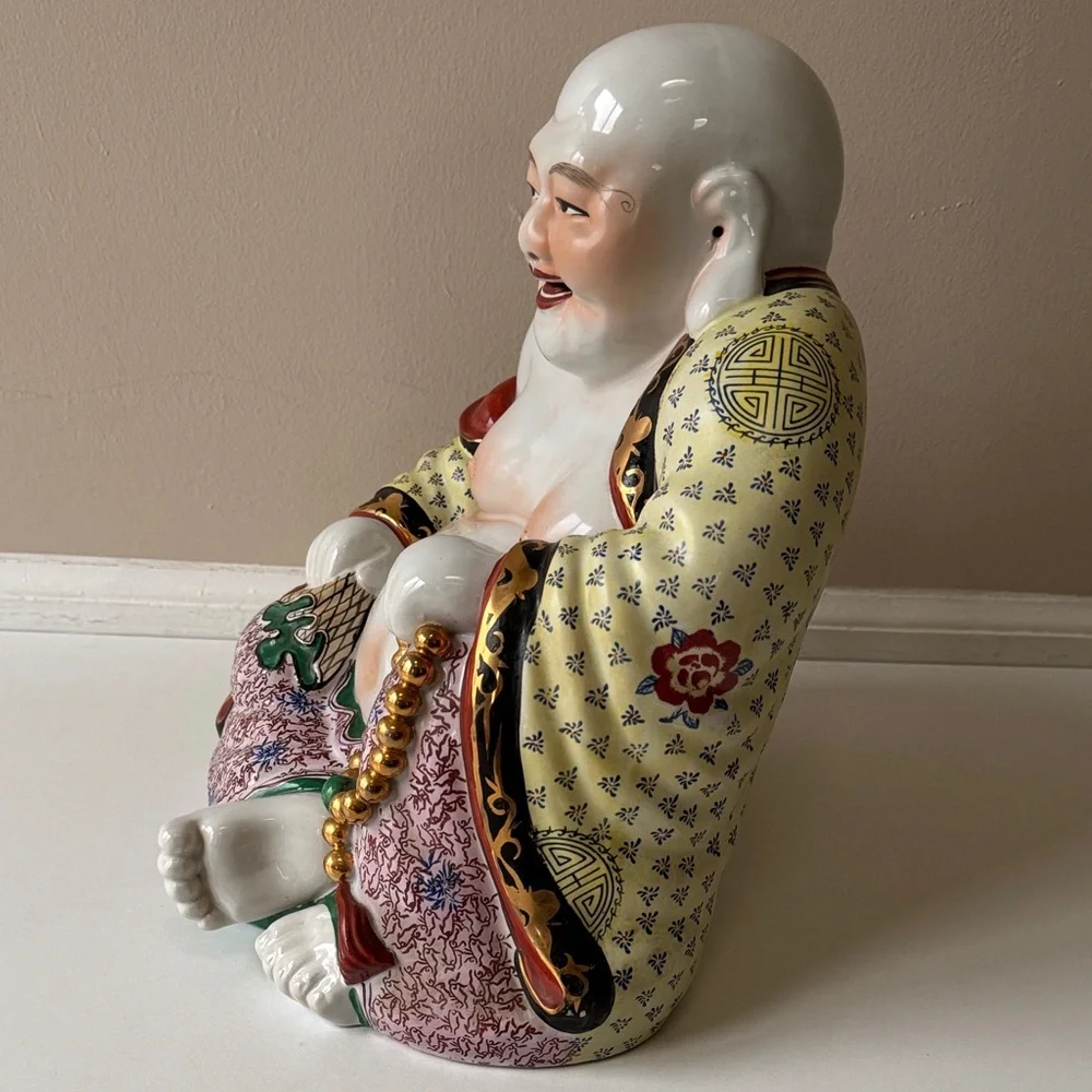 Vintage Hand-Painted Porcelain Laughing Buddha Statue in White and Multicolor - Picture 2 of 14